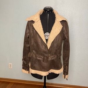 S M Odyn blazer Brown moto jacket pocket detail zipper pleather belt sherpa cuff
